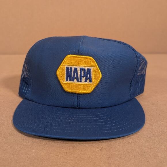 Vintage NAPA Auto Parts Trucker Hat Blue Mesh Snapback Cap Yellow Patch USA - Picture 2 of 6